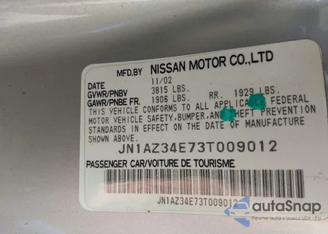 2003 Nissan 350Z Touring z USA, uszkodzony, nr VIN JN1AZ34E73T009012